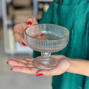 بستنی خوری بلور راه راه لب طلا وارداتی پک ۶ تایی